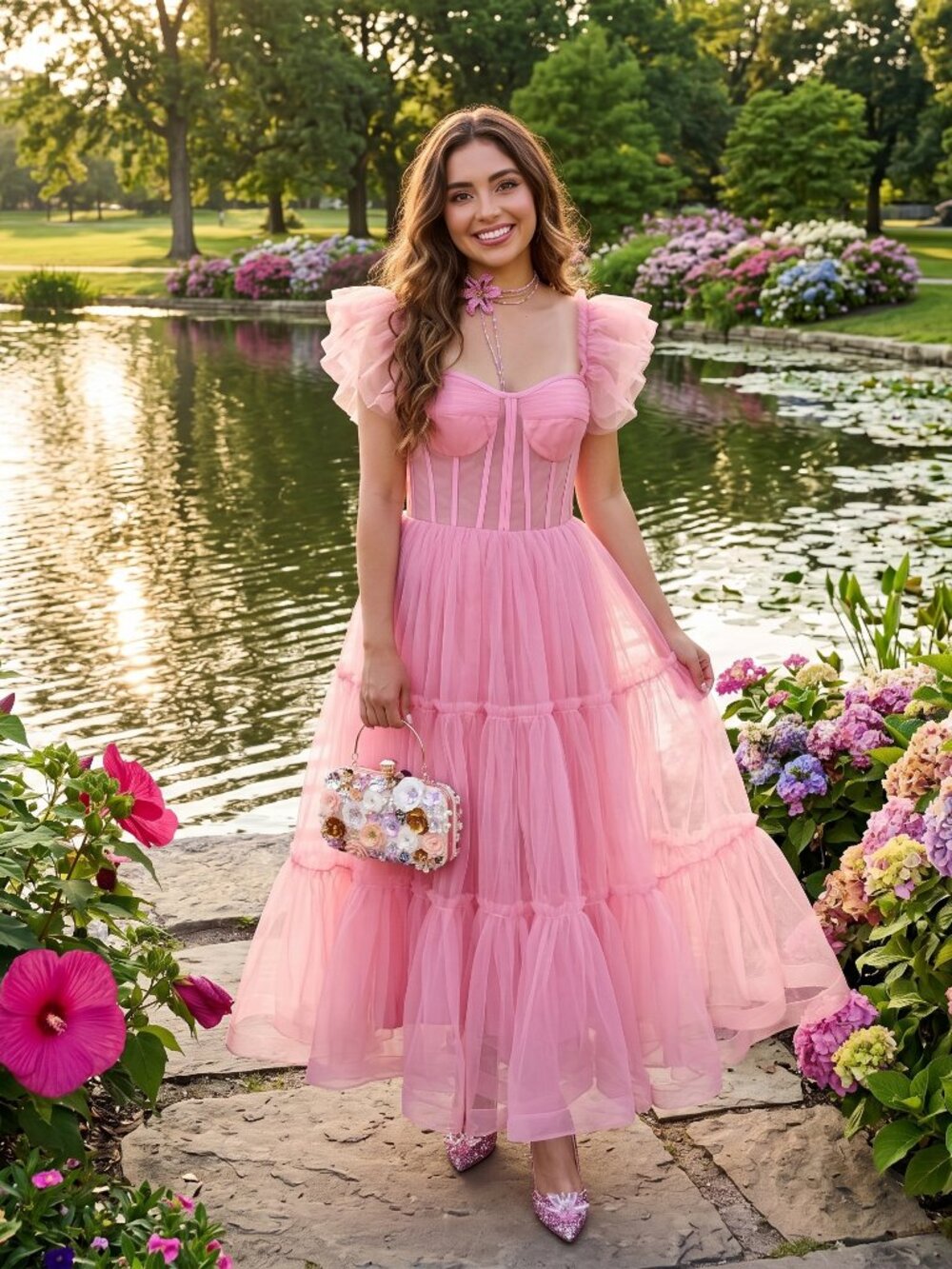 Dusty Pink Formal Prom Tulle Mid-Calf Ruffled Dress Size 8